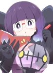  1girl black_bow black_gloves blunt_bangs bow chandelier dress glasses gloves holding holding_notebook holding_pen ixy looking_at_viewer medium_hair notebook open_mouth pen pokemon purple_hair shauntal_(pokemon) simple_background upper_body violet_eyes white_background 