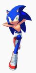  1boy absurdres animal_ears animal_nose arms_up blue_fur closed_mouth full_body furry furry_male green_eyes hedgehog hedgehog_ears hedgehog_tail highres hyeon_sonic leg_up looking_at_viewer male_focus red_footwear shoes short_shorts shorts simple_background smile sneakers solo sonic_(series) sonic_the_hedgehog standing standing_on_one_leg tail white_background white_shorts 