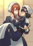  ! 2girls apron black_dress black_hair blue_eyes blurry blurry_background blush carrying closed_mouth commentary_request dress eye_contact flower hair_flower hair_ornament hasukeii hat highres ilia_coral juliet_sleeves lainie_cyan light_particles long_hair long_sleeves looking_at_another maid maid_apron medium_hair mob_cap motion_lines multiple_girls neck_ribbon parted_lips princess_carry puffy_sleeves red_eyes red_ribbon redhead ribbon tensei_oujo_to_tensai_reijou_no_mahou_kakumei white_flower yuri 