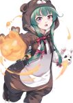  1girl animal_costume animal_ears animal_hood bear_costume bear_ears bear_hood black_bow bow commentary_request fake_animal_ears green_hair hair_bow hand_puppet hood hood_up kuma_kuma_kuma_bear long_hair looking_at_viewer miri_(ago550421) open_mouth puppet red_bow simple_background solo standing standing_on_one_leg v-shaped_eyebrows very_long_hair violet_eyes white_background yuna_(kuma_kuma_kuma_bear) 