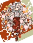 1girl absurdly_long_hair arm_strap arms_up boots bow collared_shirt from_above fujiwara_no_mokou full_body grey_hair hair_bow heart highres long_hair long_sleeves looking_at_viewer lying ofuda ofuda_on_clothes on_back pants parted_lips red_bow red_eyes red_footwear red_pants shirt solo subaru_(user_tmwv7722) suspenders touhou two-tone_bow very_long_hair white_bow white_shirt 
