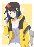  1girl backpack bag black_hair blush border buttons closed_mouth commentary_request dress grey_bag grey_eyes hair_ornament hairclip hand_up hat highres hikari_(pokemon) hood hooded_jacket jacket long_hair looking_at_viewer notice_lines ohn_pkmn open_clothes open_jacket outline pokemon pokemon_(game) pokemon_bdsp sidelocks solo white_border white_dress yellow_background yellow_jacket 