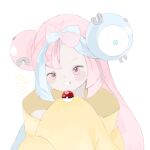  1girl blue_hair bow-shaped_hair character_hair_ornament grey_footwear grey_pantyhose hair_ornament hexagon_print highres holding holding_poke_ball iono_(pokemon) jacket long_hair looking_at_viewer low-tied_long_hair low_twintails magnemite multicolored_hair open_mouth oversized_clothes pantyhose pink_eyes pink_hair poke_ball pokemon pokemon_(game) pokemon_sv sharp_teeth shirt single_thighhigh sleeveless sleeveless_shirt sleeves_past_fingers sleeves_past_wrists smile solo teeth thigh-highs transparent_background twintails two-tone_hair upper_body user_hrgx8448 very_long_hair very_long_sleeves yellow_jacket 