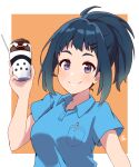  1girl black_hair cup disposable_cup hair_ornament hairclip orange_background pen pocket shiroi_suna_no_aquatope short_sleeves simple_background smile soeboshi solo teruya_tsukimi upper_body violet_eyes 