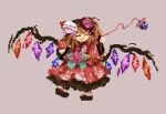  1girl alternate_costume blonde_hair blush_stickers closed_eyes crystal fang flandre_scarlet flower full_body ling_os87 multicolored_wings open_mouth pink_flower pixel_art sandals shirt simple_background skin_fang skirt socks solo touhou white_socks wings 