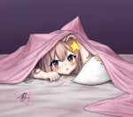  1girl annytf bed bed_sheet brown_eyes brown_hair covering_with_blanket fox_girl fox_tail hair_ornament hair_spread_out hand_in_own_hair hand_on_own_head highres indie_virtual_youtuber looking_at_viewer lying on_bed on_stomach open_mouth phlyo purple_background simple_background star_(symbol) star_hair_ornament tail under_covers virtual_youtuber 