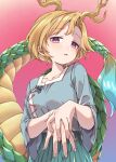 1girl antlers blonde_hair blue_shirt blush collared_shirt dragon_horns dragon_tail e_sdss fingernails green_skirt highres horns kicchou_yachie looking_at_viewer open_mouth red_eyes shirt short_hair short_sleeves skirt solo tail touhou turtle_shell upper_body yellow_horns 