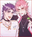  2boys alternate_color alternate_hair_color blonde_hair blue_eyes blue_hair closed_mouth commentary dio_brando earrings finger_heart hako_iix07 hand_on_own_face heart jewelry jojo_no_kimyou_na_bouken jonathan_joestar long_hair long_sleeves looking_at_viewer makeup male_focus multiple_boys multiple_rings necklace phantom_blood pink_hair pink_lips ring short_hair smile symbol-only_commentary yellow_eyes 