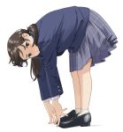 1girl bent_over black_eyes black_footwear black_hair blue_shirt blue_skirt check_commentary commentary commentary_request head_tilt loafers long_sleeves looking_at_viewer mattaku_mousuke original plaid plaid_skirt school_uniform shirt shoes short_twintails simple_background skirt smile socks solo standing stretching twintails twitter_username watermark white_background white_socks