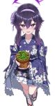  1girl absurdres bad_id bad_twitter_id blue_archive blush floral_print flower_pot frilled_kimono frills geta hair_between_eyes hairband halo haruka_(blue_archive) haruka_(new_year)_(blue_archive) highres holding_flower_pot japanese_clothes kimono long_hair long_sleeves looking_at_viewer official_alternate_costume open_mouth plant potted_plant purple_hair purple_hairband purple_kimono simple_background smile solo standing tabi venus_flytrap violet_eyes white_background wide_sleeves yakob_labo 