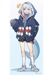  +++ 1girl animal_costume animal_hood black_shorts blue_background blue_eyes blue_hair blue_hood blue_hoodie blue_jacket blunt_bangs commentary english_commentary fins fish_tail gawr_gura grey_hair hand_in_pocket hand_up highres hololive hololive_english hood hood_up hoodie jacket jacket_over_hoodie light_blush looking_at_viewer medium_hair multicolored_hair parted_lips reimitsuki shark_costume shark_girl shark_hood shark_tail shoes shorts sidelocks sleeves_past_wrists sneakers socks solo standing streaked_hair tail twitter_username two-tone_background virtual_youtuber white_background white_footwear white_socks 