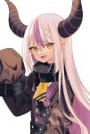  1girl ascot braid collar demon_girl demon_horns fang hair_between_eyes hand_up highres hololive horns la+_darknesss long_sleeves metal_collar multicolored_hair open_mouth pointy_ears sanuki_you side_braid skin_fang sleeves_past_wrists slit_pupils smile solo streaked_hair striped_horns upper_body virtual_youtuber white_background white_hair yellow_ascot yellow_eyes 