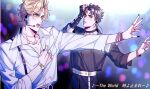  2boys belt black_nails blonde_hair blue_eyes blue_hair choker commentary dio_brando hako_iix07 heart idol jewelry jojo_no_kimyou_na_bouken jonathan_joestar looking_to_the_side male_focus microphone multiple_boys music necklace open_mouth pants parted_lips phantom_blood ring shirt short_hair singing symbol-only_commentary teeth throat_microphone white_shirt yellow_eyes 