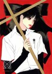  1boy bat_wings bishounen black_hair bow brown_eyes cross highres holding long_hair looking_to_the_side male_focus narumi_hosokawa original pale_skin red_background red_lips shirt short_hair signature skinny solo star_(symbol) turtleneck upper_body white_shirt wide_sleeves wings 