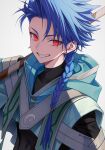  1boy blue_hair braid chimachi cu_chulainn_(fate) earrings fate/grand_order fate/grand_order_arcade fate_(series) grey_background grin highres jewelry male_focus over_shoulder red_eyes setanta_(fate) smile staff twitter_username weapon weapon_over_shoulder 