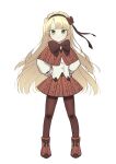  1girl absurdres blonde_hair boots brown_capelet brown_footwear brown_hairband brown_pantyhose brown_ribbon brown_skirt buttons cable_knit capelet closed_mouth commentary_request frown full_body green_eyes hair_ribbon hairband hands_on_own_hips highres korean_commentary lobotomy_corporation long_hair long_sleeves looking_at_viewer neck_ribbon pantyhose ppanglatte project_moon ribbon shirt simple_background skirt solo tiphereth_a_(project_moon) white_background white_shirt 