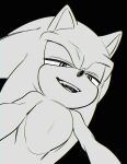  1boy animal_ears animal_nose black_background commentary_request fang fangs furry furry_male half-closed_eyes hedgehog hedgehog_ears highres hyeon_sonic korean_commentary looking_down male_focus open_mouth simple_background smile smug solo sonic_(series) sonic_the_hedgehog standing teeth tongue 