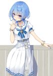  1girl absurdres belt blue_bow blue_bowtie blue_eyes blue_hair blue_nails blush bow bow_earrings bowtie bracelet contrapposto covering_mouth dress earrings frilled_sleeves frills grey_belt hand_over_own_mouth highres hololive hoshimachi_suisei hoshimachi_suisei_(4th_costume) jewelry kisara_mikami looking_at_viewer nail_polish official_alternate_costume official_alternate_hair_length official_alternate_hairstyle ojou-sama_pose parted_lips puffy_short_sleeves puffy_sleeves sailor_collar sailor_dress school_uniform serafuku short_hair short_sleeves skirt solo star_(symbol) star_in_eye symbol_in_eye virtual_youtuber white_dress white_sailor_collar white_serafuku white_skirt 