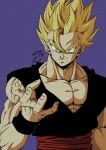  1boy absurdres artist_name biceps black_wristband blonde_hair closed_mouth collarbone commentary_request dougi dragon_ball dragon_ball_super dragon_ball_super_super_hero green_eyes hand_up highres looking_at_viewer male_focus muscular muscular_male pectorals purple_background red_sash sash seya_(asasei_718) signature simple_background smile smirk solo son_gohan spiky_hair super_saiyan super_saiyan_1 upper_body v-shaped_eyebrows wristband 