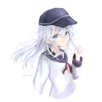  1girl anchor_symbol black_headwear black_sailor_collar blue_eyes closed_mouth flat_cap genjaku grey_hair hair_between_eyes hat hibiki_(kancolle) highres kantai_collection long_hair long_sleeves neckerchief red_neckerchief sailor_collar school_uniform serafuku simple_background smile solo upper_body white_background 