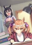  2girls animal_ears apron black_hair blue_eyes book bow brown_hair cooking_pot desk desk_lamp dutch_angle eishin_flash_(umamusume) hair_between_eyes hair_bow highres holding_cooking_pot horse_ears horse_girl indoors japanese_clothes lamp long_sleeves medium_hair multiple_girls shirt shuten_(shutehaan) smart_falcon_(umamusume) twintails umamusume white_shirt writing yellow_eyes 