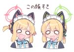  2girls animal_ear_headphones animal_ears apron blonde_hair blue_archive blue_ribbon blunt_bangs cat_ear_headphones cropped_shoulders fake_animal_ears green_halo green_ribbon hair_ribbon headphones highres maid maid_apron maid_headdress midori_(blue_archive) midori_(maid)_(blue_archive) momoi_(blue_archive) momoi_(maid)_(blue_archive) multiple_girls naga_u neck_ribbon o_o open_mouth pink_halo pink_ribbon ribbon short_hair simple_background tearing_up translated two_side_up white_background 
