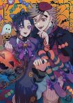  1boy 1girl :d bat_(animal) black_cape bow bowtie candy cape carrying demon demon_boy demon_tail douma_(kimetsu_no_yaiba) dress fingernails food frilled_dress frills full_body ghost hair_bow halloween halloween_costume hetero highres holding holding_food holding_pumpkin holding_vegetable kimetsu_no_yaiba kochou_shinobu long_fingernails looking_at_another maid_headdress multicolored_eyes orange_background pantyhose plant pumpkin purple_bow red_shirt sharp_fingernails shirt signature silk skin_tight smile spider_web star_(symbol) striped striped_pantyhose tail text_in_eyes tiles vegetable vines yamada_73 