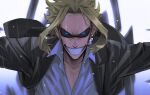  1boy black_jacket black_sclera blonde_hair blue_eyes boku_no_hero_academia collarbone colored_sclera grey_shirt grin highres jacket looking_at_viewer male_focus open_clothes open_jacket outstretched_arms parted_bangs rain shirt short_hair smile solo teeth trevo_(trevoshere) upper_body water white_background yagi_toshinori 