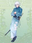  1boy black_footwear blue_eyes blue_kimono crossed_arms dairoku_ryouhei floral_print full_body green_background hair_between_eyes highres japanese_clothes katana kimono looking_at_viewer male_focus sheath sheathed short_hair solo sowa_(tw6) sword weapon white_hair 