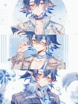  1boy absurdres arknights bishounen blouse blue_hair choker coat collarbone glasses hand_up highres looking_at_viewer lumen_(arknights) male_focus one_eye_closed open_clothes orange_eyes pointy_ears qiaokelidanjuan21194 shirt short_hair smile solo upper_body 
