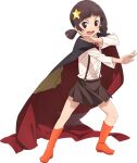  1girl :d artist_request black_cape black_hair black_skirt blunt_bangs boots cape dragging female_child flat_chest floating_clothes full_body hair_ornament hairclip highres komekko kono_subarashii_sekai_ni_bakuen_wo! kono_subarashii_sekai_ni_shukufuku_wo! long_sleeves looking_at_viewer miniskirt neck_ribbon official_art open_mouth orange_footwear outstretched_arms oversized_clothes patch promotional_art red_cape red_eyes red_pupils red_ribbon ribbon school_uniform shirt short_hair short_twintails simple_background skirt smile solo spread_legs standing star_(symbol) star_hair_ornament suspenders tachi-e third-party_source twintails two-sided_fabric two-tone_cape v-shaped_eyebrows white_background 