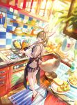  1girl ahoge alternate_costume animal_ear_fluff animal_ears apron asymmetrical_footwear bare_legs black_apron black_hair blonde_hair blue_footwear blurry blurry_foreground bowl bread bread_slice cabinet commentary_request cooking copyright_name counter cup cutting_board day facial_mark food fox_ears fox_girl fox_tail fruit frying_pan full_body grey_shirt hair_between_eyes hair_over_shoulder heart heart-shaped_pupils highres holding holding_frying_pan holding_spatula hololive indoors king_gidora kitchen kitchen_knife lemon lemon_slice looking_at_viewer looking_back mat medium_hair mismatched_footwear multicolored_hair official_art omaru_polka open_mouth oven pink_hair plant plate potted_plant red_footwear salad scrambled_egg shirt short_sleeves shorts sidelocks slippers smile solo spatula standing stool stove streaked_hair striped striped_shorts symbol-shaped_pupils tablecloth tail teacup toast violet_eyes virtual_youtuber watermark window wooden_stool 