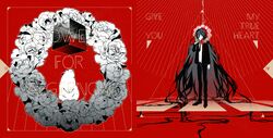  1boy absurdres animal black_footwear black_hair black_jacket black_necktie black_pants closed_eyes danganronpa_(series) danganronpa_2:_goodbye_despair dress_shirt english_text flower full_body hamster highres jacket kamukura_izuru long_hair looking_up male_focus necktie open_clothes open_jacket pa_zi_dinglu pants shirt standing very_long_hair white_shirt 