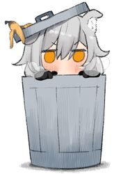  1girl =3 animal_ears banana_peel black_gloves blush dog_ears female_trailblazer_(honkai:_star_rail) gloves grey_hair hair_between_eyes hinagi_(fox_priest) honkai:_star_rail honkai_(series) in_trash_can looking_at_viewer no_mouth simple_background solo trailblazer_(honkai:_star_rail) trash_can trashcan_lid white_background yellow_eyes 