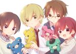  4boys :d absurdres blonde_hair blue_necktie brown_hair cool_doji_danshi earrings formal frown futami_shun glasses highres holding holding_stuffed_toy ichikura_hayate jewelry male_focus mima_takayuki multiple_boys necktie nyaa_(nnekoron) plaid redhead school_uniform shirt simple_background smile souma_shiki stud_earrings stuffed_animal stuffed_toy suit teddy_bear white_background white_shirt 