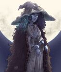  1girl absurdres black_hair blue_eyes blue_hair cloak colored_skin cracked_skin elden_ring extra_arms extra_faces fur_cloak grey_skin hat highres long_hair looking_at_viewer moon night one_eye_closed outdoors parted_lips ranni_the_witch solo standing veldrin witch_hat 