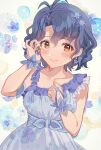  1girl adjusting_hair antenna_hair blue_dress blue_hair blush commentary dress earrings floral_background floral_print frilled_dress frills hairband highres idolmaster idolmaster_million_live! jewelry lips looking_at_viewer short_hair smd_dms smile solo toyokawa_fuka upper_body wavy_hair wrist_cuffs yellow_eyes 