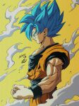  1boy artist_name biceps blue_eyes blue_hair blue_sash blue_shirt blue_wristband clenched_hand closed_mouth commentary_request dougi dragon_ball dragon_ball_super hair_between_eyes highres looking_ahead male_focus muscular muscular_male pectorals profile sash scratches seya_(asasei_718) shirt short_sleeves signature simple_background smile smoke solo son_goku spiky_hair standing super_saiyan super_saiyan_blue torn_clothes torn_shirt v-shaped_eyebrows wristband yellow_background 