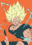  1boy absurdres artist_name biceps black_sash black_shirt black_wristband blonde_hair clenched_hands closed_mouth collarbone commentary_request dougi dragon_ball dragon_ball_z electricity energy green_eyes highres looking_at_viewer male_focus muscular muscular_male orange_background pectorals sash scratches serious seya_(asasei_718) shirt short_sleeves signature simple_background solo son_goku spiky_hair super_saiyan super_saiyan_2 torn_clothes torn_shirt upper_body v-shaped_eyebrows wristband 