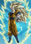  1boy arm_at_side artist_name aura baggy_pants biceps blonde_hair blue_footwear blue_sash blue_shirt blue_sky blue_wristband boots clenched_hand closed_mouth commentary_request day dougi dragon_ball dragon_ball_z electricity energy floating full_body green_eyes halo hand_up highres long_hair looking_at_viewer male_focus muscular muscular_male no_eyebrows orange_pants outdoors pants pectorals sash serious seya_(asasei_718) shirt short_sleeves signature sky solo son_goku spiky_hair super_saiyan super_saiyan_3 v-shaped_eyebrows wristband 