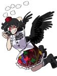  1girl :d absurdres bird_wings black_footwear black_hair black_wings camera collared_shirt commentary eddybird55555 english_commentary full_body geta highres holding holding_camera looking_at_viewer multicolored_clothes multicolored_skirt red_eyes shameimaru_aya shirt short_hair simple_background skirt smile solo touhou white_background white_shirt wings 