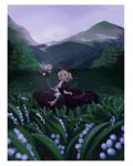  1girl black_skirt blonde_hair border bow clouds cloudy_sky copyright_request doll grass grey_sky hair_bow highres medicine_melancholy mountain open_mouth posumine red_bow short_sleeves skirt sky smile tree white_border 