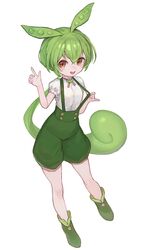  1girl boots full_body green_footwear green_hair green_shorts green_suspenders hair_between_eyes hand_up highres lack looking_at_viewer open_mouth orange_eyes puffy_short_sleeves puffy_shorts puffy_sleeves shirt short_sleeves shorts solo suspender_shorts suspenders voicevox white_shirt zundamon 