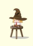 1girl absurdres blonde_hair brown_skirt chibi commentary full_body grey_socks harry_potter_(series) highres hogwarts_legacy hololive hololive_english necktie phdpigeon plaid plaid_skirt pout red_necktie shirt simple_background sitting skirt smol_ame socks solid_circle_eyes solo sorting_hat stool watson_amelia white_shirt wizarding_world yellow_background 