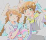  2girls animal_ear_fluff animal_ears apron blue_gloves braid cat_ears cat_girl flask gloves goggles goggles_on_head green_eyes grey_apron holding holding_flask holding_test_tube hood hoodie keiri_org lab_coat licking_lips long_braid mimi_(pop&#039;n_music) multiple_girls name_tag nyami_(pop&#039;n_music) one_eye_closed pink_apron pop&#039;n_music rabbit_ears rabbit_girl reckless3 round-bottom_flask test_tube tongue tongue_out twin_braids 