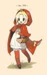 1girl absurdres antenna_hair apple basket black_eyes black_footwear blonde_hair bloomers bright_pupils cape capelet dress drooling fangs food fruit fuecoco grass hand_up highres holding holding_basket long_sleeves multicolored_hair pantyhose personification pointing pointing_at_self pokemon red_apple red_cape red_capelet red_hood red_pantyhose sakutake_(ue3sayu) saliva short_eyebrows solo tail two-tone_hair underwear white_dress white_pupils 