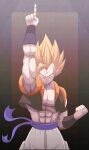  1boy abs act_(act_1113) arm_up baggy_pants biceps blonde_hair blue_sash border bracer clenched_hand closed_mouth collarbone commentary_request dragon_ball dragon_ball_z gogeta gradient_background green_eyes hand_up highres index_finger_raised looking_at_viewer male_focus metamoran_vest muscular muscular_male open_clothes open_vest outside_border pants pectorals sash serious simple_background solo spiky_hair split_mouth super_saiyan super_saiyan_1 v-shaped_eyebrows vest white_pants 