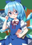  1girl bespectacled blue_bow blue_dress blue_eyes blue_hair book bow chalkboard cirno collared_shirt dress fairy glasses hair_bow highres holding holding_book ice ice_wings looking_at_viewer pinafore_dress red-framed_eyewear red_ribbon ribbon ruu_(tksymkw) semi-rimless_eyewear shirt short_hair sleeveless sleeveless_dress solo touhou under-rim_eyewear white_shirt wings 