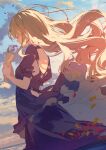  1girl black_dress blonde_hair bouquet closed_eyes clouds cloudy_sky dress dutch_angle falling_petals floating_hair from_side highres holding holding_bouquet ocean original petals puffy_short_sleeves puffy_sleeves short_sleeves sky solo sutorora 