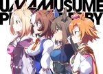  4girls admire_vega_(umamusume) ahoge animal_ears blonde_hair breasts brown_hair cape commentary copyright_name ear_covers from_side hair_between_eyes height_difference horse_ears horse_girl large_breasts long_hair medium_breasts medium_hair meisho_doto_(umamusume) multicolored_hair multiple_girls narita_top_road_(umamusume) orange_hair shigino_sohuzi simple_background single_ear_cover small_breasts streaked_hair t.m._opera_o_(umamusume) umamusume violet_eyes white_background white_hair yellow_eyes 